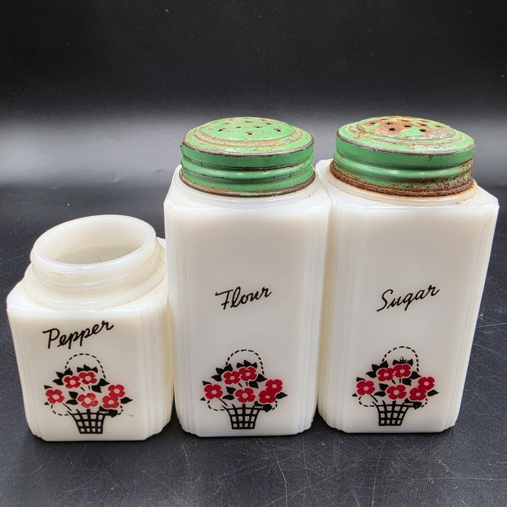 Vtg 1930s Milk Glass Shakers Sugar Flour Pepper Tipp City Flower Basket Deco